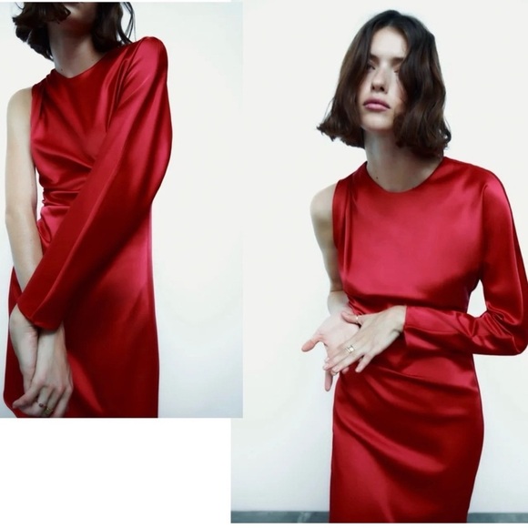 Zara red satin effect one sleeve asymetrical mini dress Sz XS - Picture 3 of 15